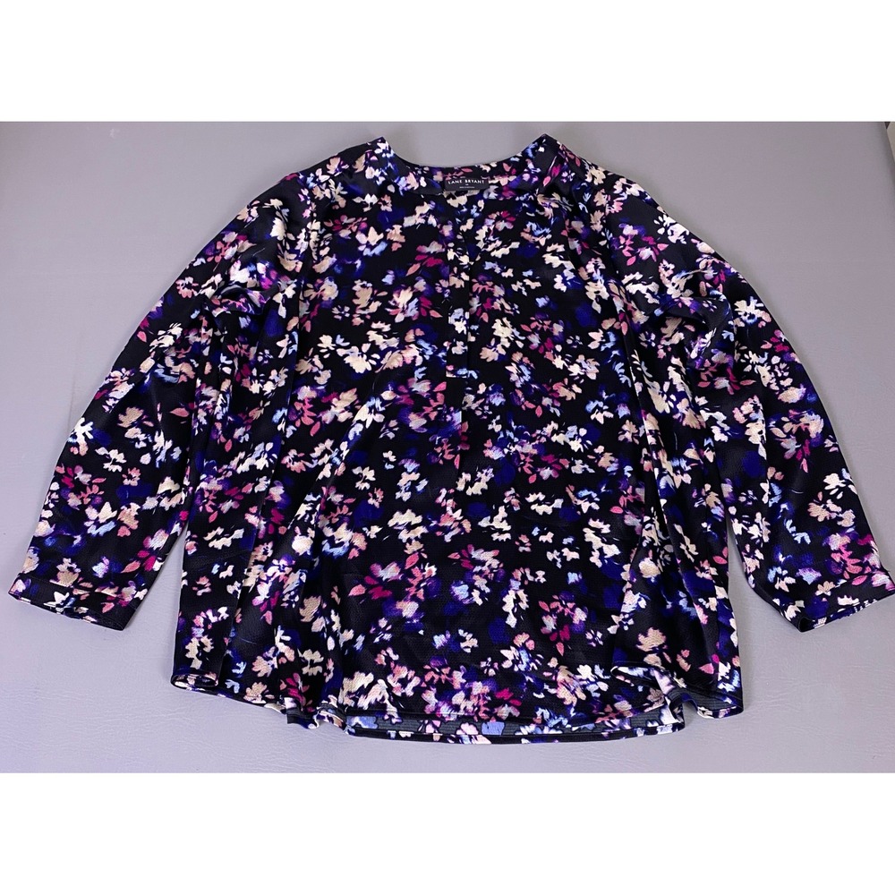 Lane Bryant Tunic Blouse Top Women's‎ 24 Black Purple Floral V-Neck Long Sleeve